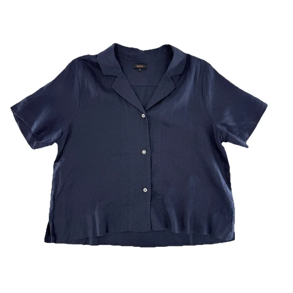 Quince Navy Blue 100% European Linen Button Up Blouse Sz L Boho Lagenlook - Picture 1 of 7